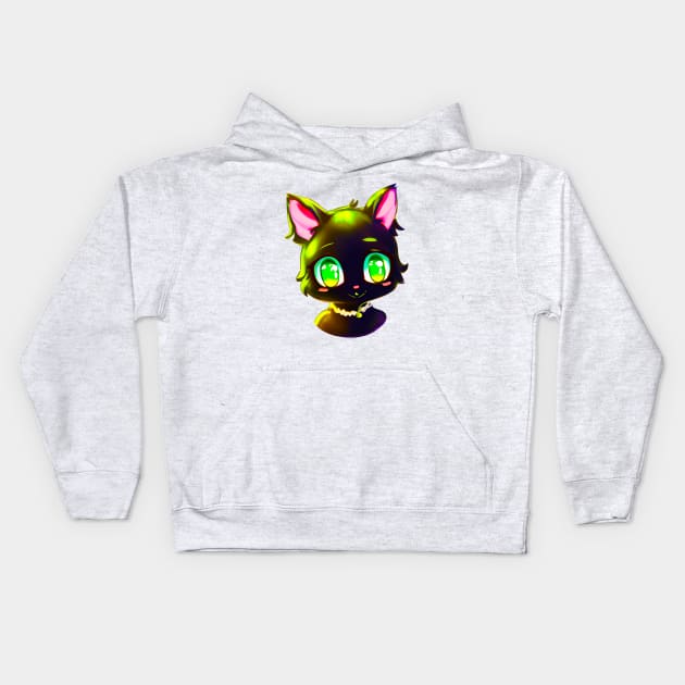 Black cat with green eyes wearing necklace Kids Hoodie by Meowsiful